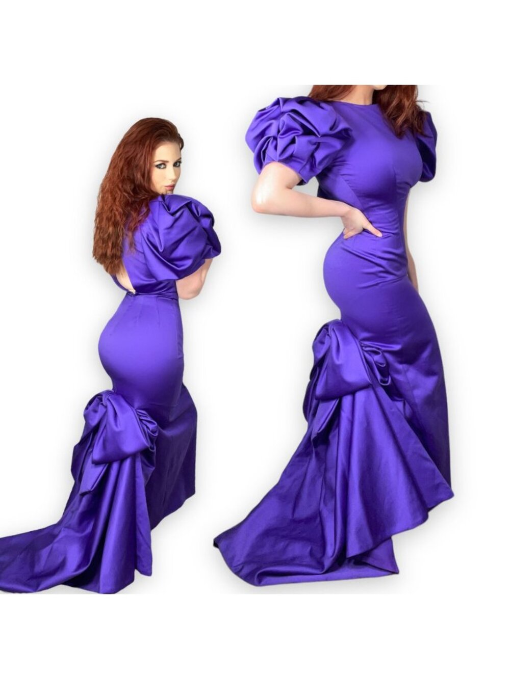 Vintage Victor Costa Purple Modest Ruffle Bow Train Prom Dress Evening Gown XS